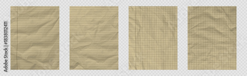 Set of kraft paper backgrounds with grid and line pattern and crumpled texture. Realistic notebook design for craft, scrapbook or school collage and education with soft fold details bg. Vector