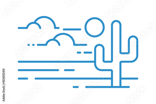 Desert scene icon with cactus, sun and cloud elements, simple arid landscape symbol representing heat, dryness, wilderness and climate in clean linear outline flat vector illustration.