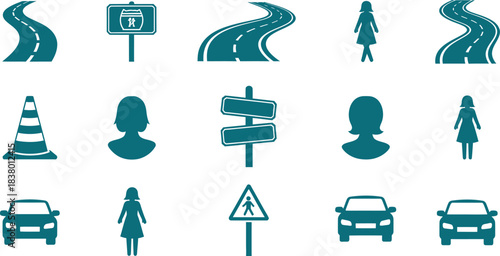 Road and traffic icons including cars traffic cone and signs highway street