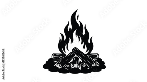 A stylized black and white illustration of a burning campfire with logs