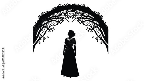 Silhouette of a woman standing beneath a decorative tree archway
