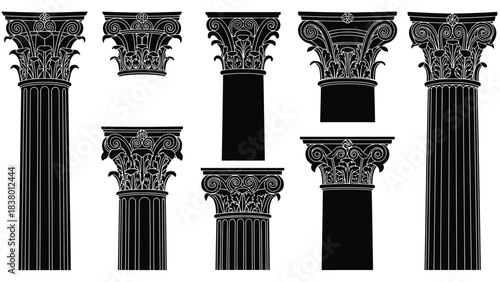 Detailed black and white illustration of various classical column capitals and sections
