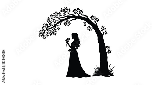 Silhouette of a woman standing beneath a gracefully arched tree