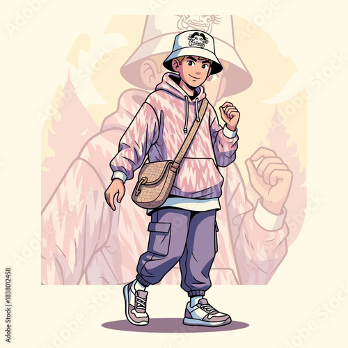 Stylish young man in bucket hat and hoodie walking confidently.