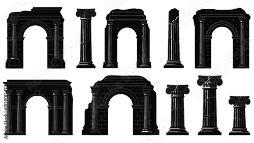 Ancient roman architectural elements arches columns and decorative fragments