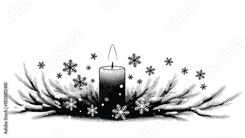 A solitary candle surrounded by winter foliage and delicate snowflakes