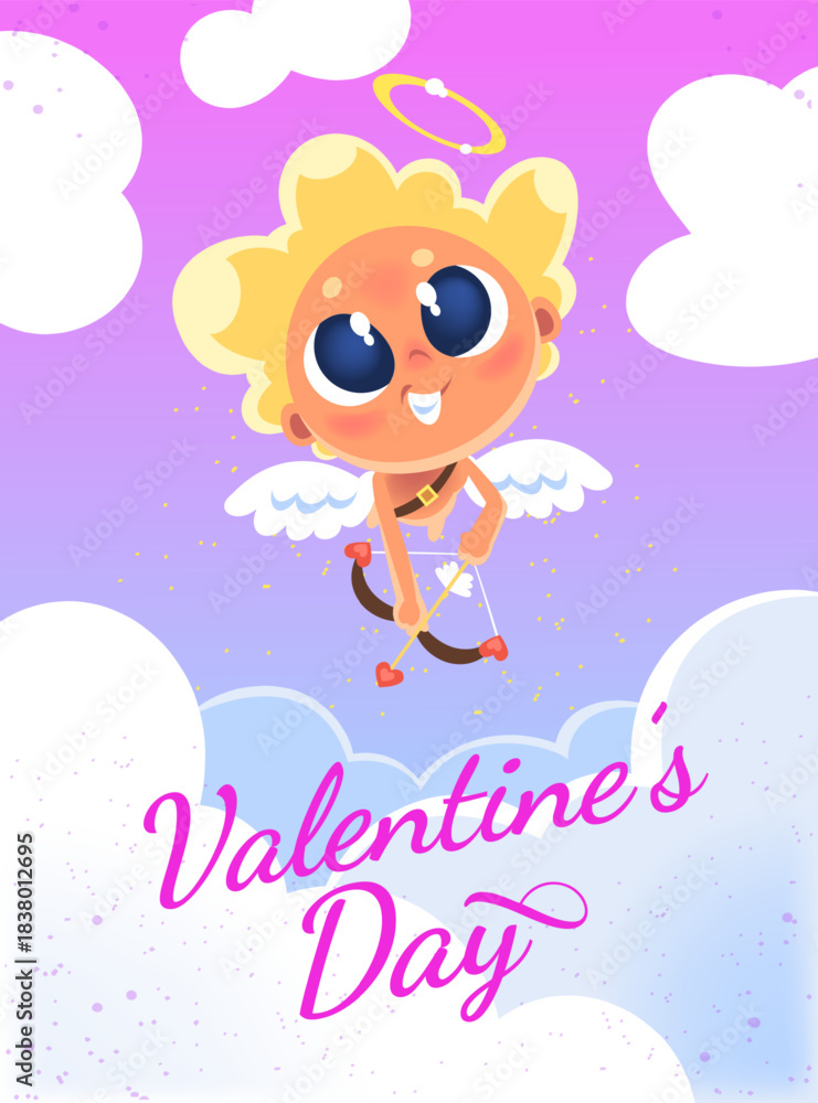 Naklejka premium Cupid banner. Cartoon cherub greeting invitation card design, valentine day amour baby angel romantic couple love date concept background text template, classy vector illustration