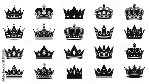 Collection of ornate black crowns royal headwear designs and regal symbols