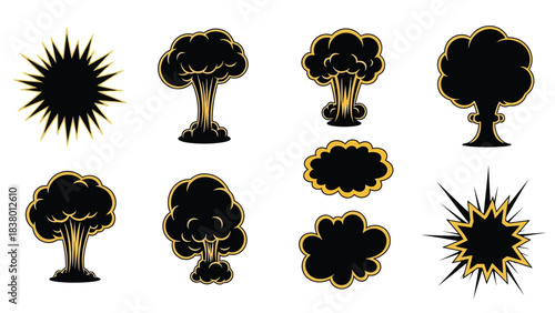 Stylized explosion effects a collection of black and golden bursts and blasts