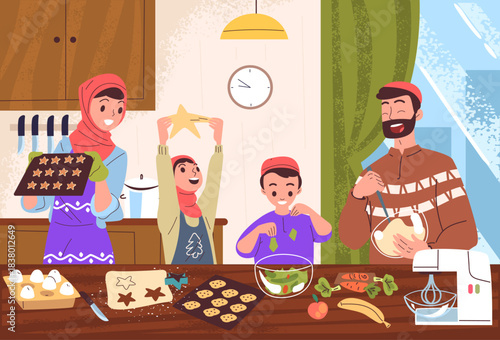 Muslim family cooking. Arab people cook food together on dining table kitchen interior, islamic ramadan meal arabic mother father parents with children, classy vector illustration