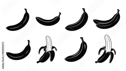 A collection of bananas in varying stages of ripeness and peeling