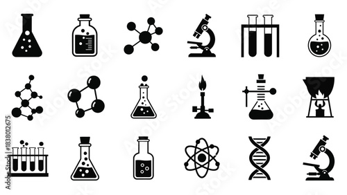 Black silhouette icons representing chemistry science and laboratory equipment