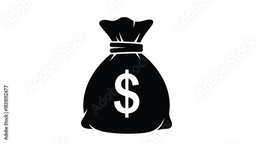 A simple black silhouette of a money bag with a dollar sign on it