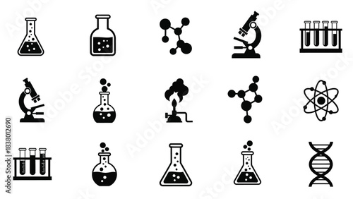 Collection of scientific laboratory equipment and molecular structure icons in black