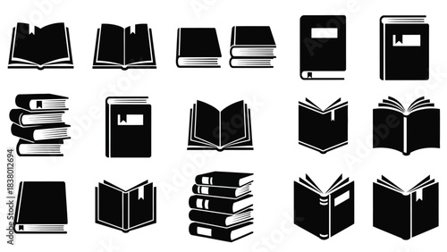 Collection of open and closed books in a minimalist black and white style
