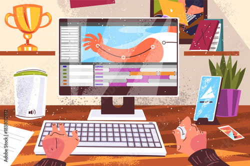 Artist computer workplace. Animator creation motion design for game, video editor studio desk freelance graphic designer creative work process pc monitor classy vector illustration