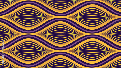 Abstract Wavy Seamless Pattern. Geometric Line Art Background Texture in Purple, Gold, and Yellow.