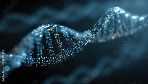 Blue glowing DNA double helix structure strand illustrating biological genetic science concept with mysterious mood on black background representing future medical research discovery