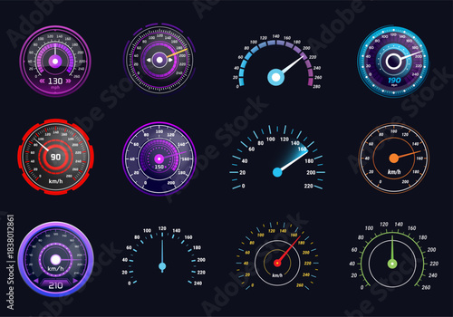 Digital speedometer. Odometer, tachometer speed gauge motorcycle race car rpm meter accelerate futuristic dashboard game hud interface dial neon light, kicky vector illustration