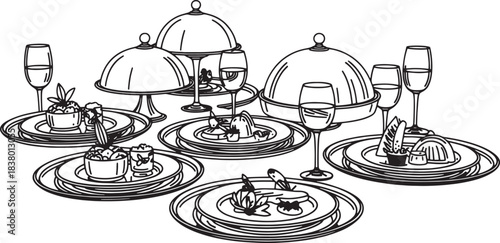 Multiple elegantly presented plated dishes with wine glasses and cloches food dining