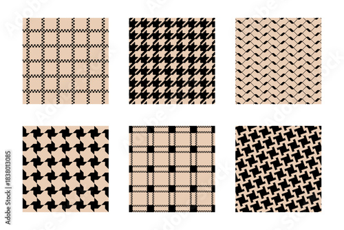 Set of gingham and tartan, houndstooth and pepita, keffiyeh and shemagh patterns. Plaid, scarf or neckerchief fabric prints. Classical tweed or flannel textile ornaments. Vector graphic illustration.