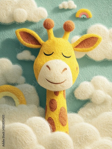 Cute giraffe sleeping peacefully on fluffy clouds
