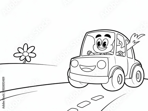 Whimsical Coloring Book Style Cartoon Car with a Friendly Face Driving Down a Road Next to a Flower on a White Background