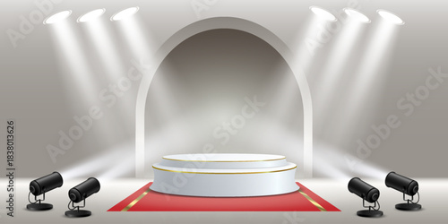 Catwalk with red carpet and spotlight, light stage.