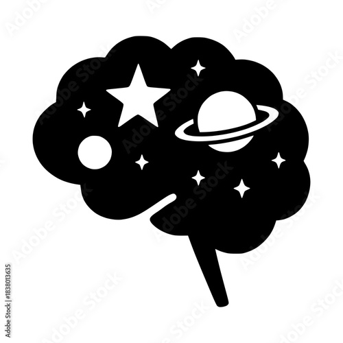 brain with stars and planets representing imagination, creativity, scientific thinking, and cosmic ideas