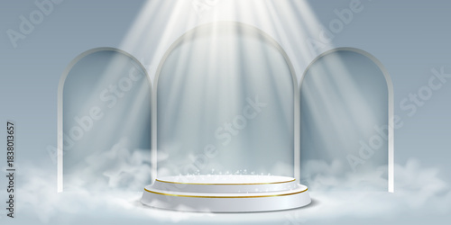 An elegant white podium with a soft haze and rays of heavenly light streaming through the arched windows.