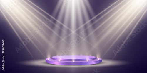 Purple spotlight podium with glowing stage lights.