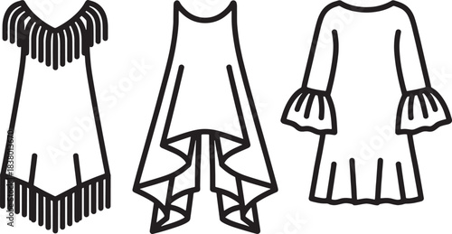 Three black line art illustrations of bohemian style dresses on white background fashion clothing