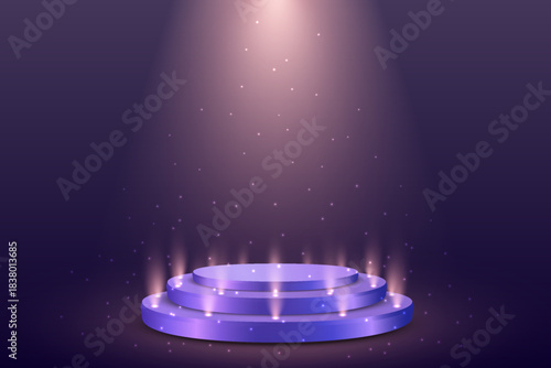 Purple spotlight podium with glowing stage lights.