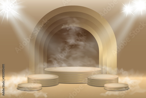 Luxury golden podium with soft smoke and spotlights