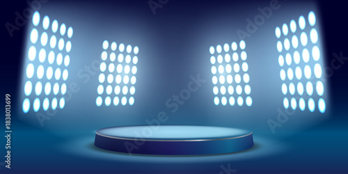 Blue LED spotlight podium for product display.