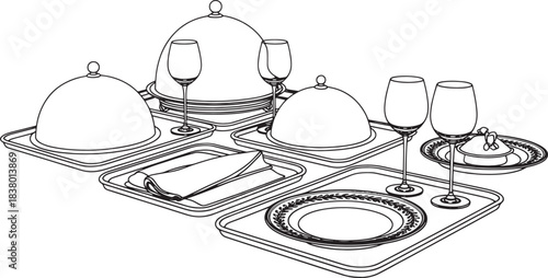 Vector illustration of a formal dining table setting with covered dishes and wine glasses cloches