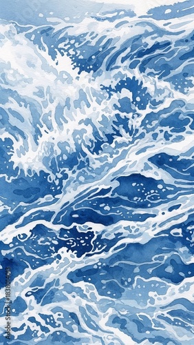 Water jets  in pool in various shades of blue watercolor style 