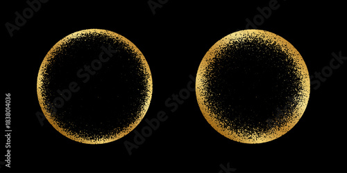 Set of luxury golden round frames with gritty texture. Gold circular shapes with scatter or mezzotint effect borders isolated on black background. Solar eclipse design elements. Vector illustration.