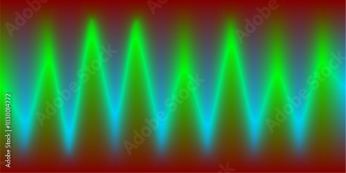 Abstract visualization of a waveform with vibrant green and cyan peaks against a dark red background.