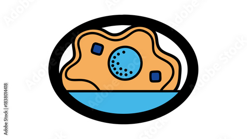 Abstract Representation of a Biological Cell with Nucleus and Cytoplasm in Orange and Blue Tones on White Background and Black Overlay