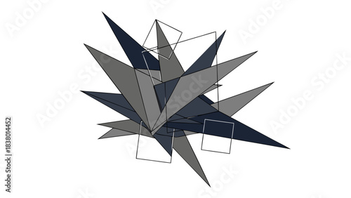 Abstract Geometric Starburst Explosion Dark Blue and Gray Shades on Black Background Minimalist Digital Art Dynamic Sharp Edges