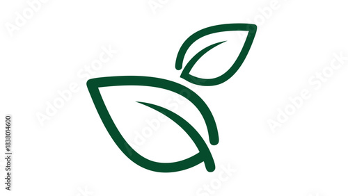 Abstract minimalist dark green outline of two overlapping leaves on a solid black background symbolizing nature growth and freshness with simple lines