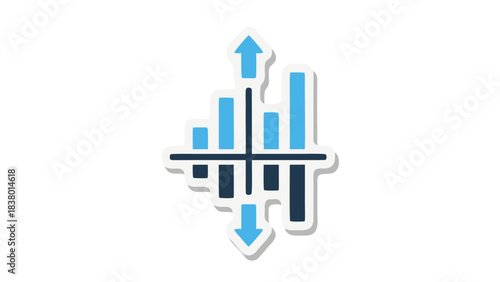 Abstract illustration of rising and falling bar charts with directional arrows against a dark background representing growth and decline in financial markets