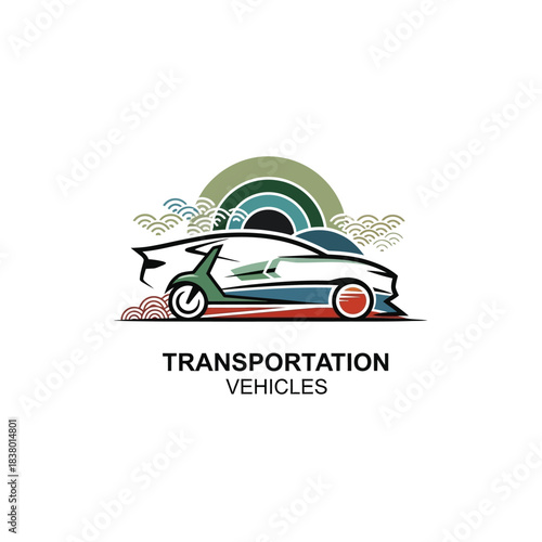 Stylized illustration of a car and scooter with abstract background elements.
