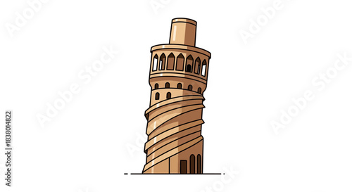 Stylized illustration of a leaning spiral tower.