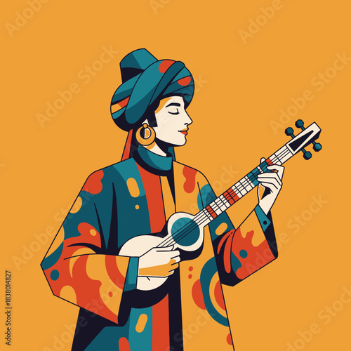 Stylized illustration of a musician playing a stringed instrument in traditional attire.