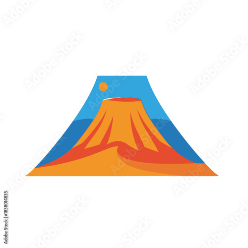 Stylized illustration of a vibrant orange volcano under a blue sky.