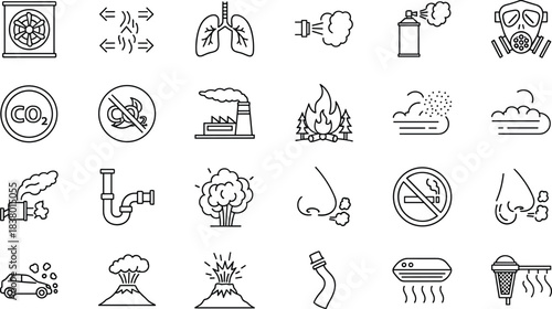 Air Pollution and Environmental Hazard Outline Icons Set, Including Factory Smoke, Car Exhaust, Lungs, Gas Mask, CO2, Fire, and Atmosphere Vector Stock Illustration