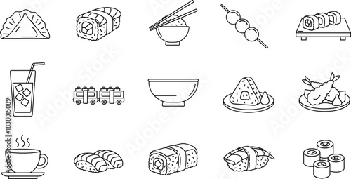Cake and Dessert Outline Icons Set, Including Birthday Cake, Slice, Cupcake, Pastry, Strawberry, Cherry, Celebration, and Sweet Food Vector Stock Illustration