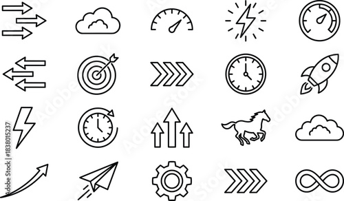 Speed and Performance Outline Icons Set, Including Growth, Target, Clock, Rocket, Acceleration, Progress, Horse, Infinity, and Business Success Vector Stock Illustration
